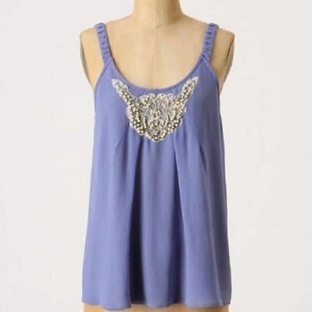 Moulinette Soeurs Anthropologie Blue Beaded Tank Top Coquette Lace Pearls Girly